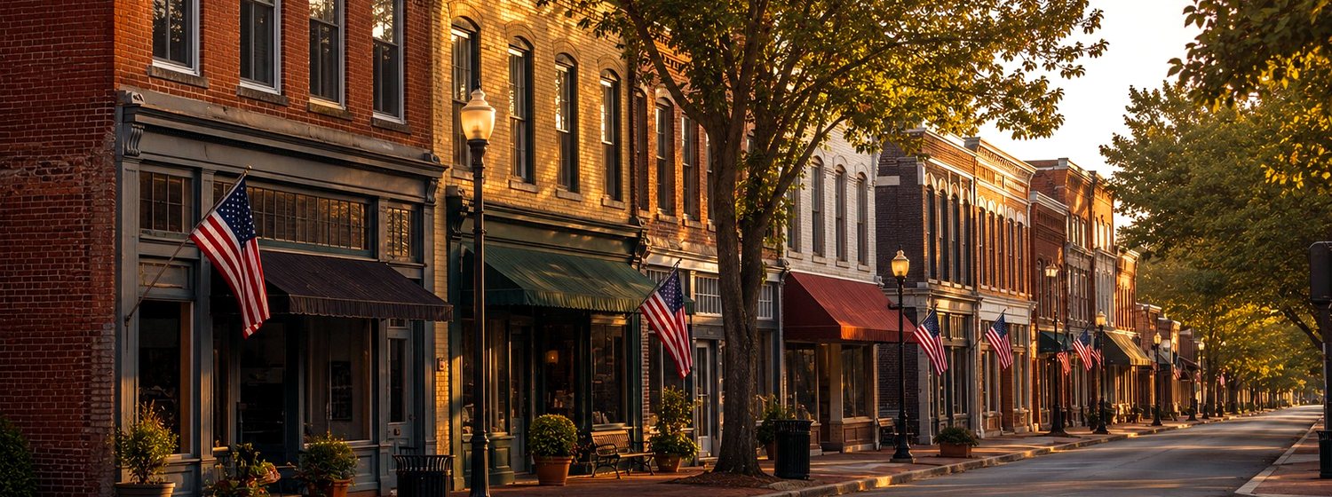 Historic brick storefronts on a small-town main street at dusk