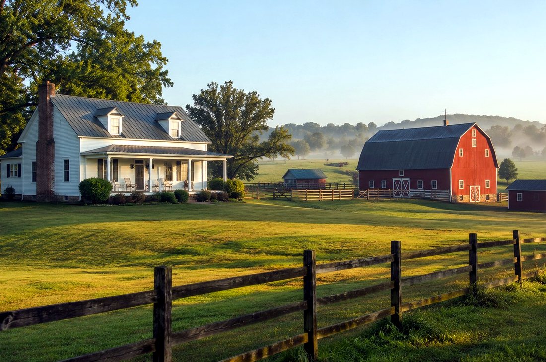 A white farmhouse and red barn on rolling Piedmont farmland