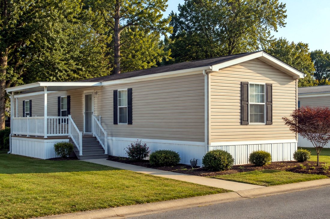 A well-kept manufactured home with a covered porch and tidy landscaping