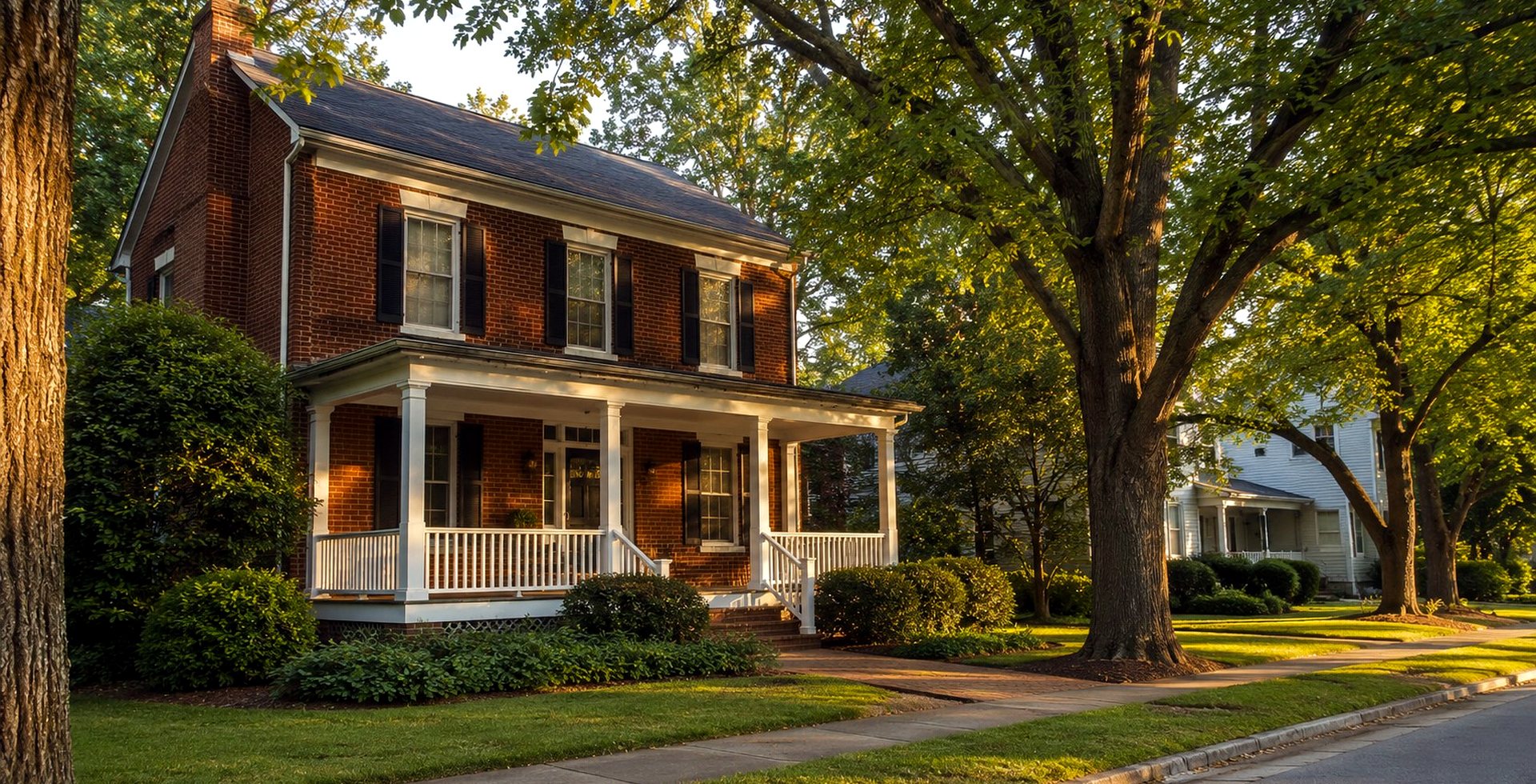 A classic brick home with a white front porch on a tree-lined street