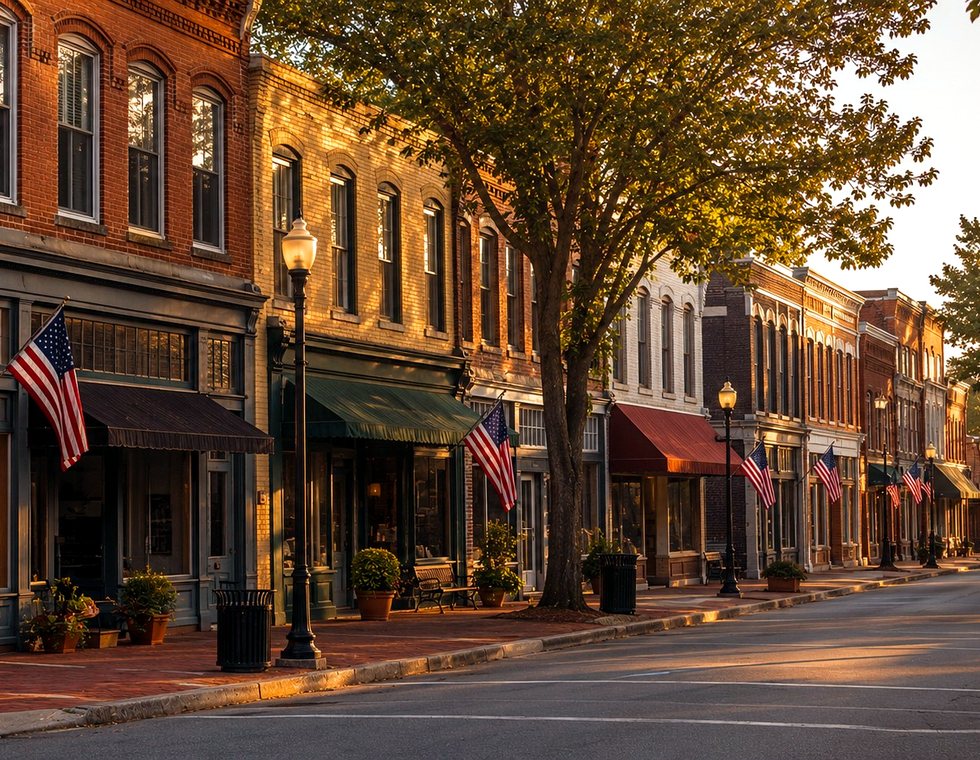 Historic brick storefronts on a small-town main street at dusk